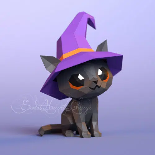 Papercraft of little black wizard cat in origami
