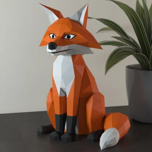 Papercraft fox sitting in 3D origami