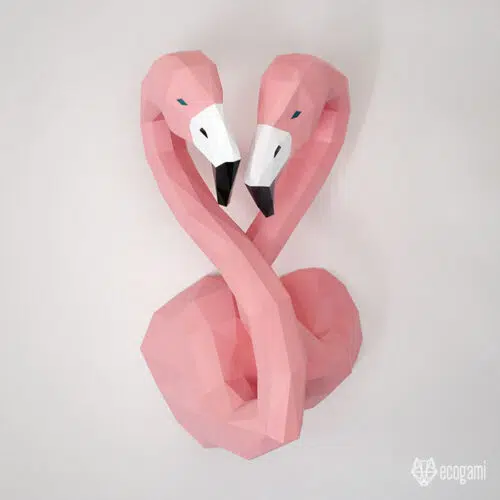 Papercraft flamingo heads in love in 3D origami
