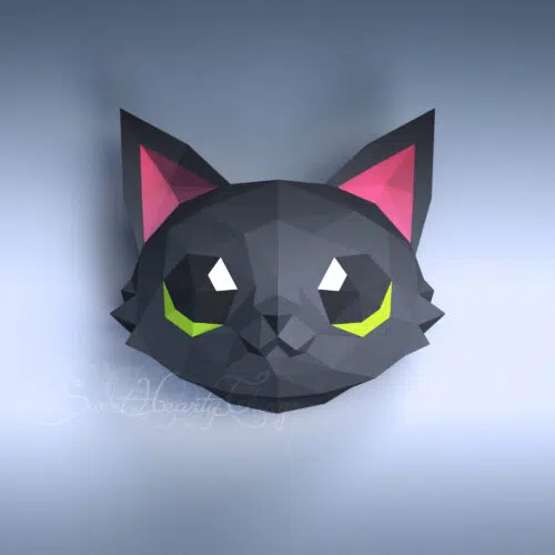 Papercraft black kitten head in 3D origami