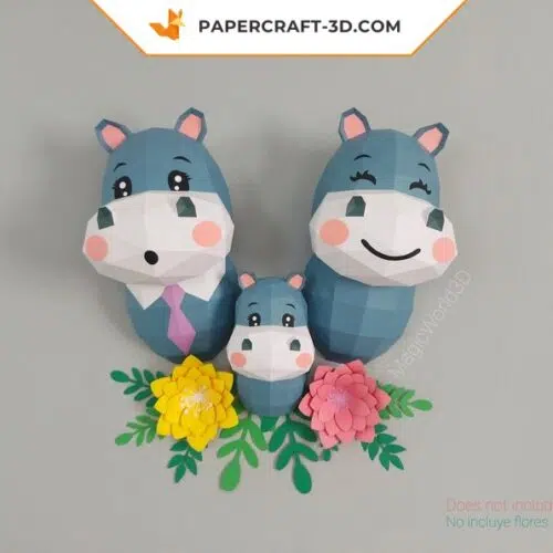 Papercraft hippopotamus family in origami