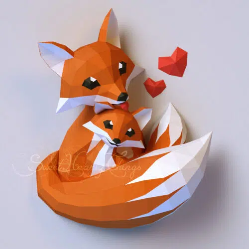 Papercraft fox family in origami