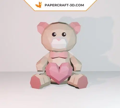 Papercraft bear with heart in 3D origami