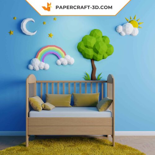 Papercraft of sun, cloud and moon in 3D origami
