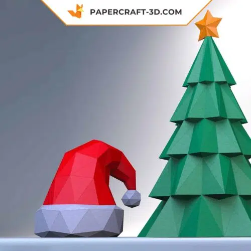 Papercraft Christmas tree and hat in 3D origami
