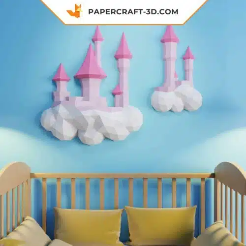 Papercraft castle in the clouds in 3D origami
