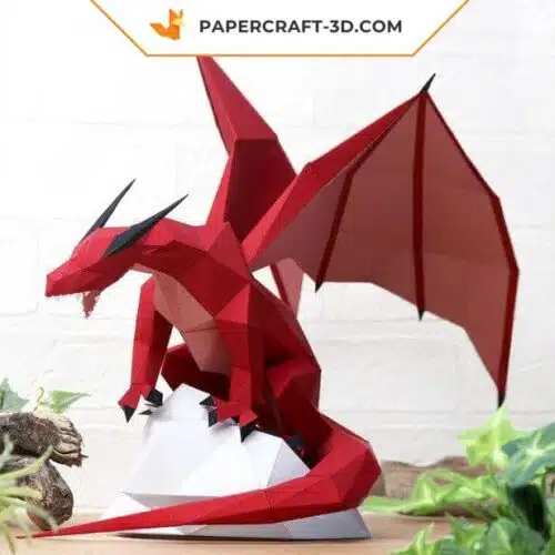 Papercraft majestic dragon on its rock in origami