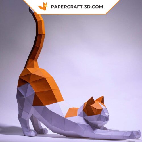 Papercraft de chat étirant en origami 3D