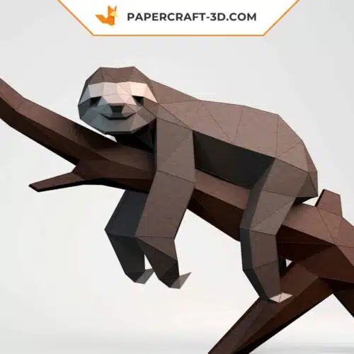 Papercraft sloth on branch in 3D origami
