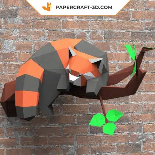 Papercraft of a sleeping red panda on a branch in 3D origami
