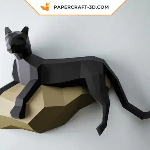 Papercraft black panther on a rock in 3D origami