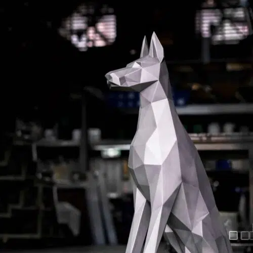 Papercraft Doberman sculpture in 3D stainless steel