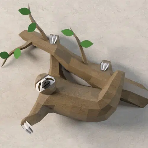 Papercraft sloth on branch in origami 3D