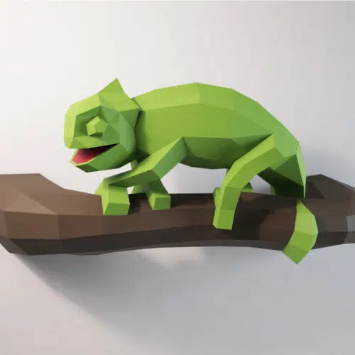 Papercraft chameleon on branch in 3D origami