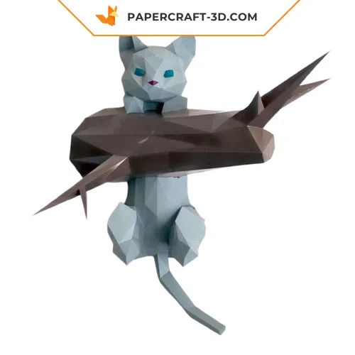 Papercraft cat on its branch origami 3D